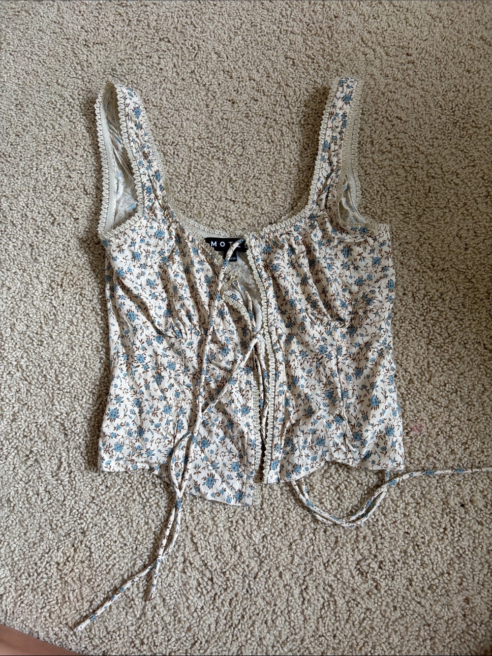 Motel Rocks Cream Floral Lace-Up Camisole with Blue Accents